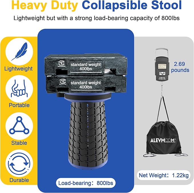 ALEVMOOM Upgraded 18.1" XL Collapsible Stool with Cushion, Portable Folding Stools for Adults Capacity 800lbs, Lightweight Telescoping Stool for Camping Travel Fishing Hiking