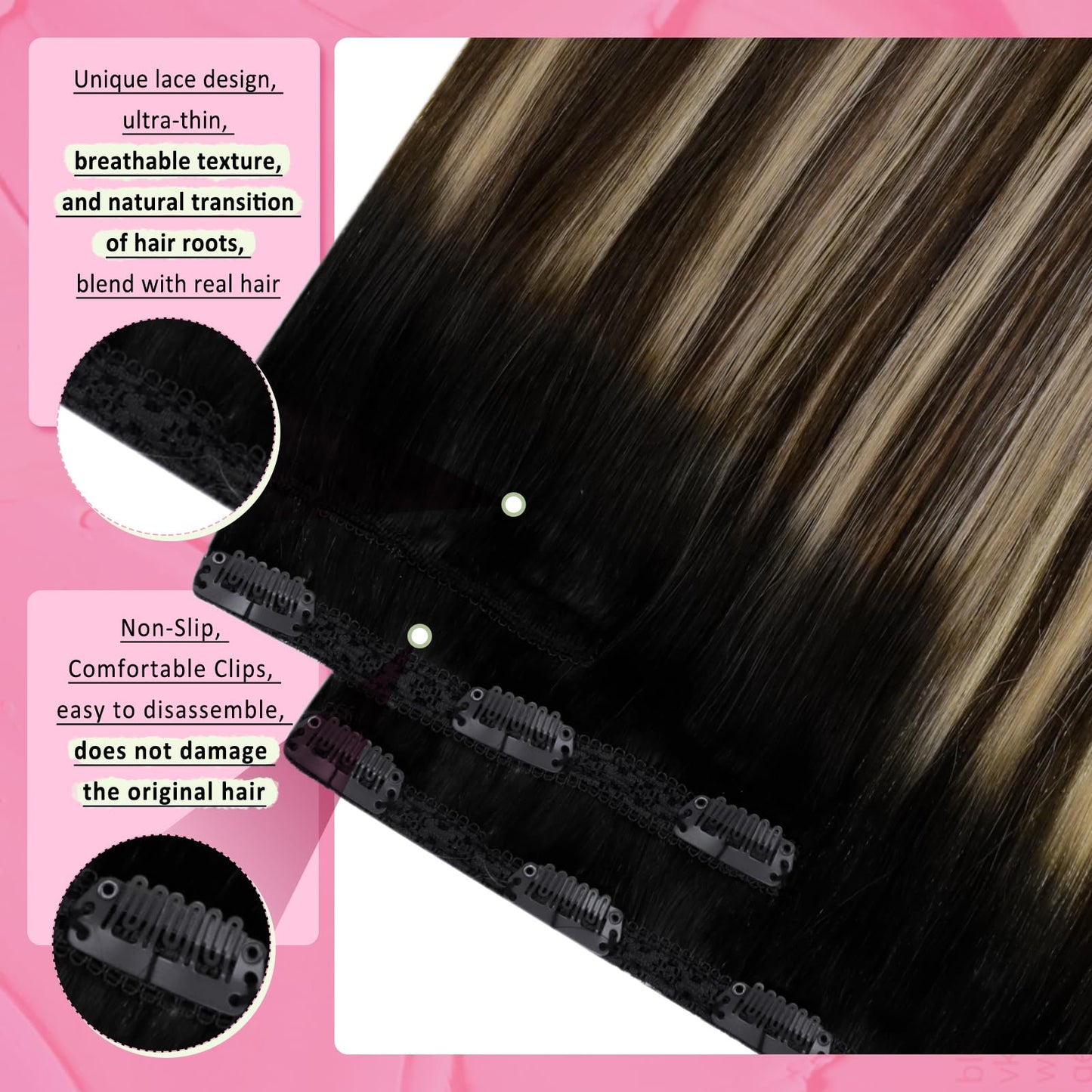 YoungSee 150G Clip in Hair Extensions Real Human Hair Straight Hair Extensions Clip ins Black Fading to Brown with Caramel Blond