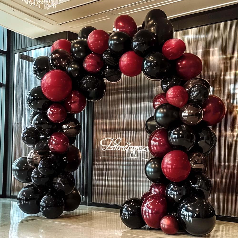 Black Red Balloon Arch Double Stuffed Black Burgundy Maroon Balloons Dark Ruby Red Metallic Balloon Garland Kit for Birthday Wedding Halloween Casino Anniversary Graduation Party Decoration