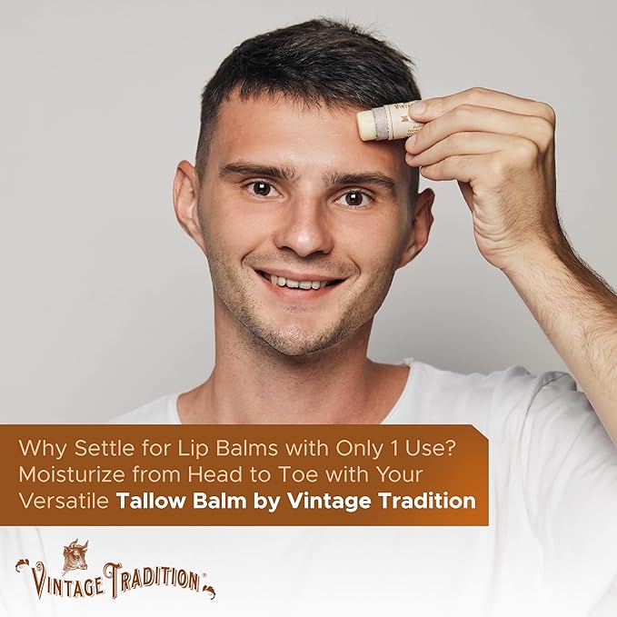 Vintage Tradition Moisturizing Beef Tallow Lip Balm – Unscented Tube Lip Moisturizer for Sensitive Skin Hydrates & Soothes Dry Lips – Grass-Fed Tallow Balm for Skin Care, 0.5 Fl. Oz.