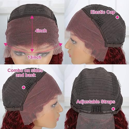 24 Inch Burgundy Wig Human Hair Deep Wave Lace Front Wigs for Black Women Glueless 13x4 HD Transparent Lace Frontal Curly Wigs Pre Plucked Bleach Knots with Baby Hair 99J Colored Wigs