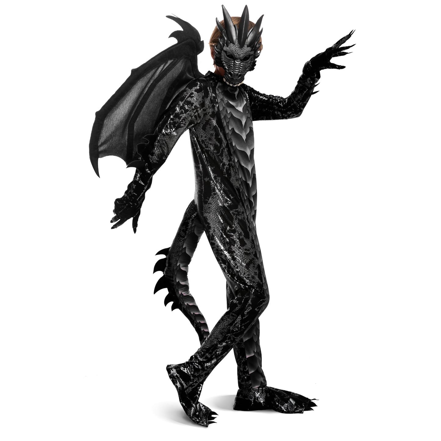 Spooktacular Creations Halloween Kids Dragon Costume, Dark Jumpsuit, Boys Dragon Wings, Tail and Mask Set for Halloween Dress Up-S