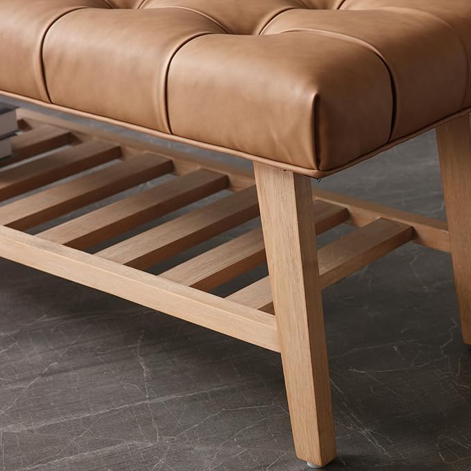 Janoray Entryway Shoe Bench Storage Benches with Upholstered Button Tufted Seat and Open Slatted Shelf PU Leather Ottoman Bench for Hallway Living Room Bedroom End of Bed, Brown