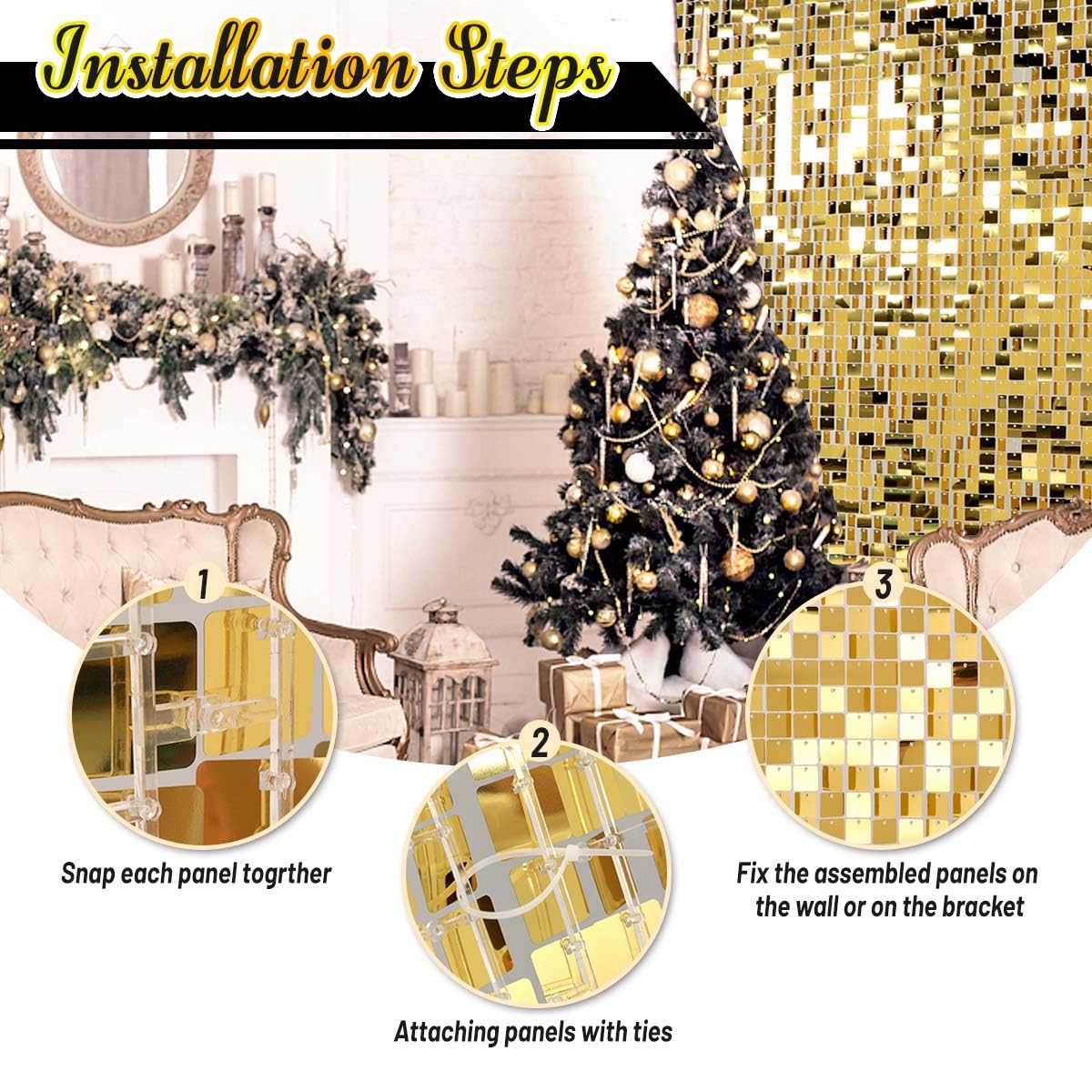 Kate Square Light Gold Sequin Wall Panels Shimmer Wall Birthday Party Backdrop Decorations (Pack of 12)