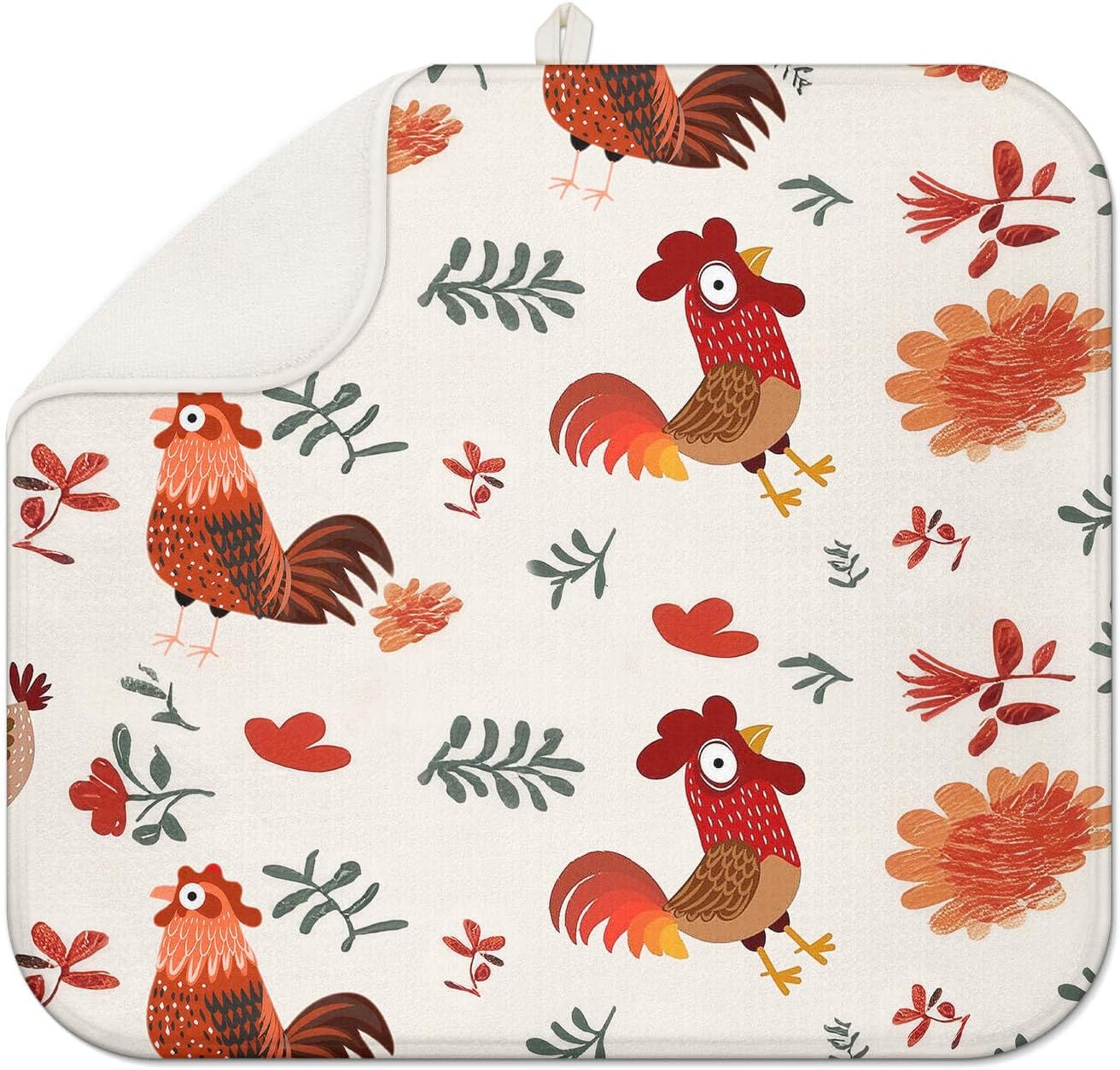 Rooster Large Dish Drying Mat for Kitchen Counter 16''x18''Microfiber Absorbent - Foldable, Quick-Dry, Non-Slip, & Compact Red Kitchen Drying Pad for Dishes, Countertops, and Cookware