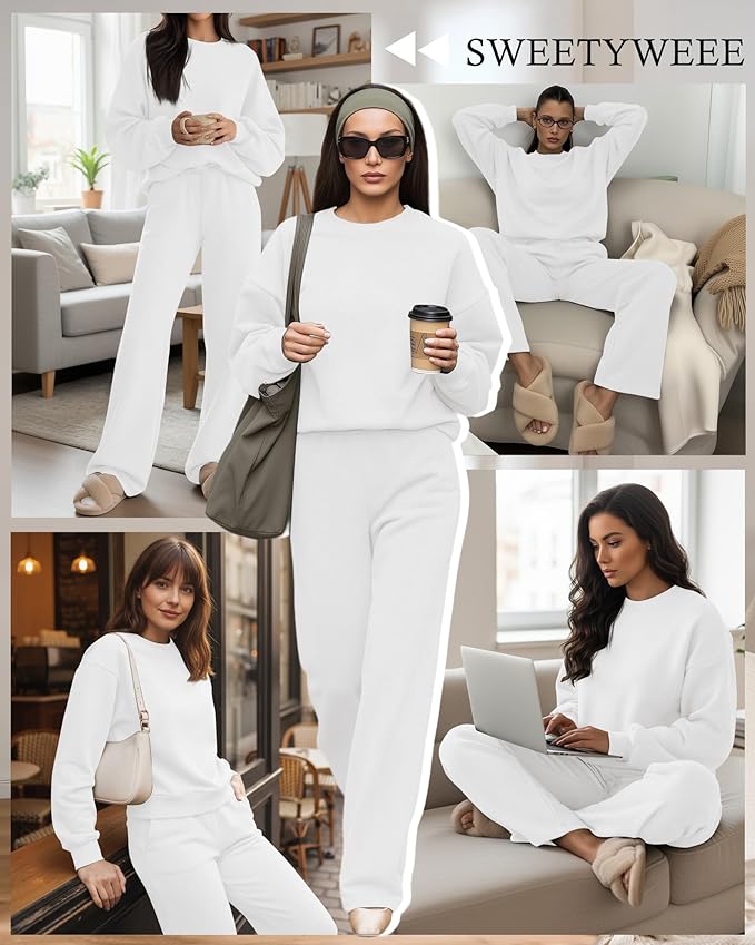 Sweetyweee Women's 2 Piece Outfits Set Fleece Lined Lounge Sweatsuit Crewneck Pullover Top Wide Leg Pants Casual Tracksuit