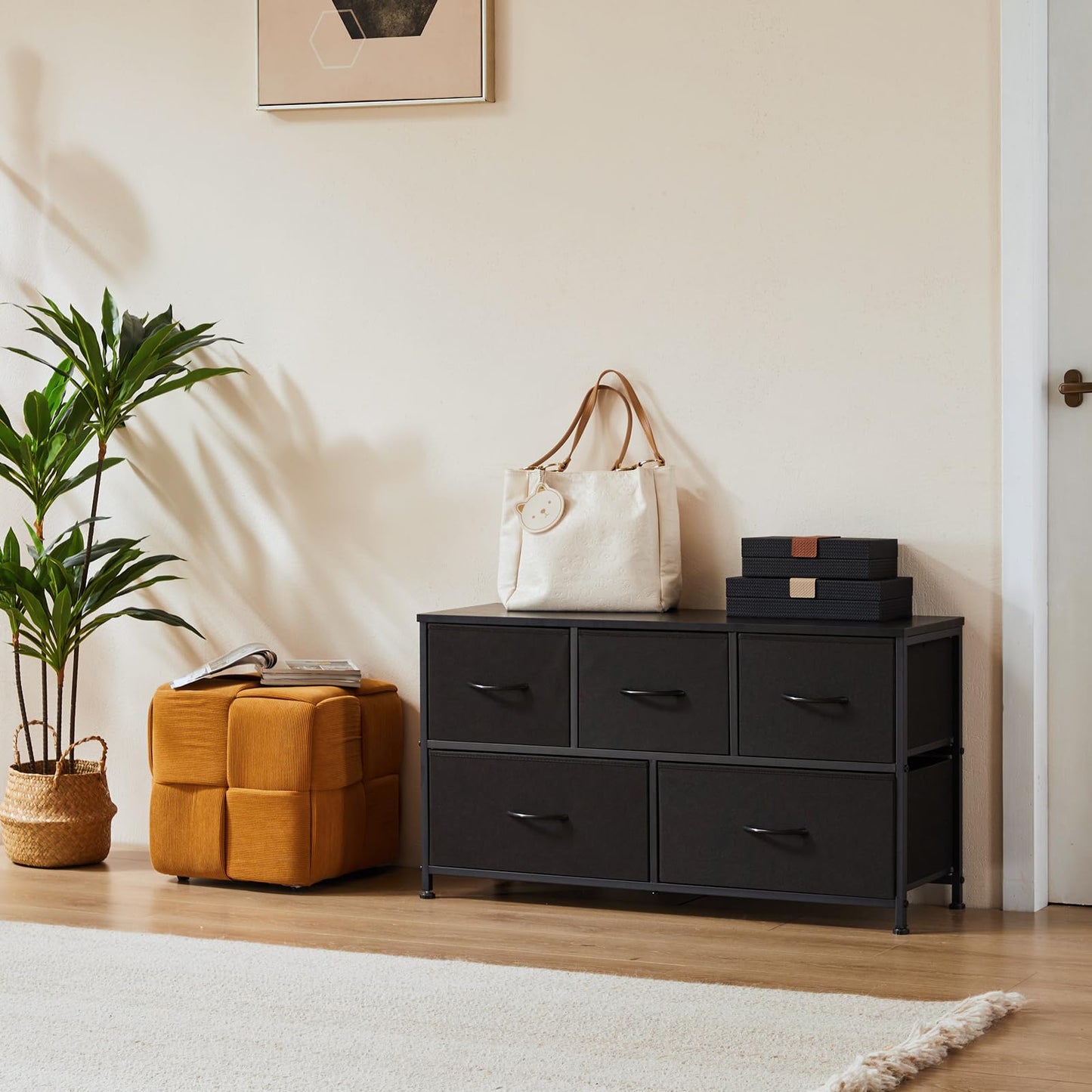 OLIXIS Dresser for Bedroom with 5 Drawers, Wide Chest of Drawers, Fabric Bedroom Dresser with Drawer Organizer, Storage Organizer Unit with Fabric Bins for Closet, Living Room, Hallway, Classic Black