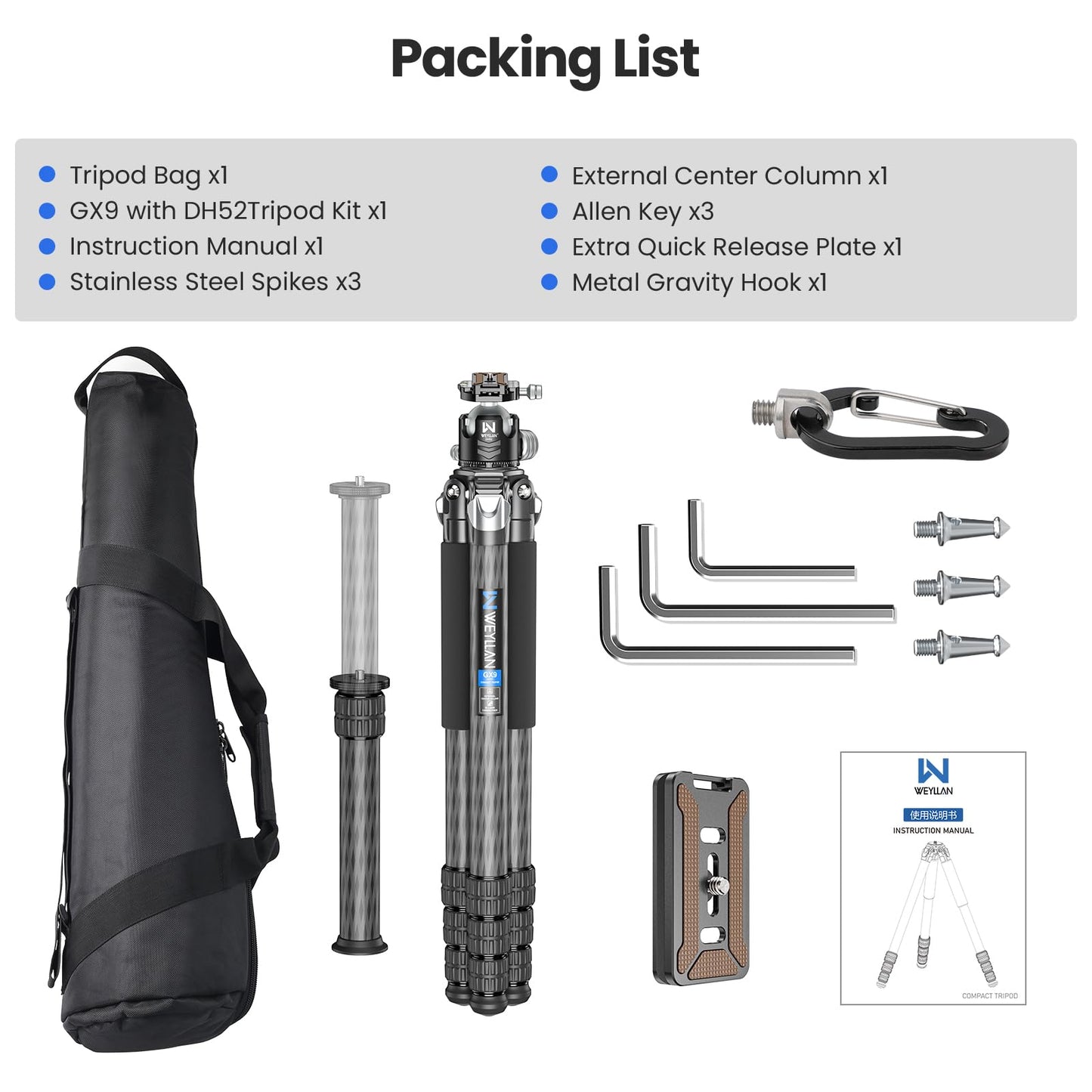 85'' Tripod Carbon Fiber, Heavy Duty Tripod for Camera, Professional Camera Tripods Monopod with 52mm Ballhead, External Center Column Compact, WEYLLAN GX9 Max Tube 40mm for Dslr Camera Telephoto Lens