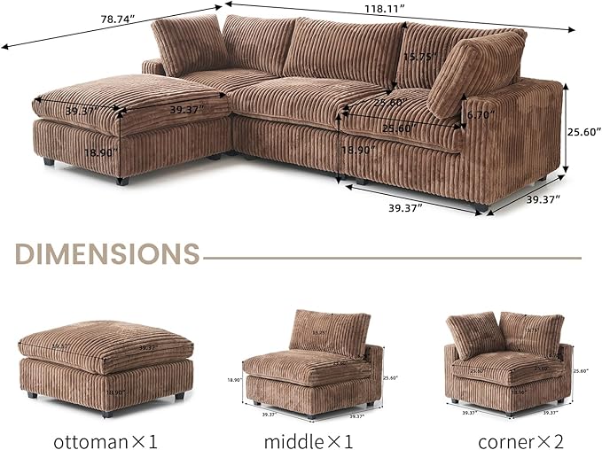 WJShome Cloud Couch Modular Sectional Sofa,118" Oversized L Shaped Sofa with Ottoman,Plush 4 Seater Comfy Couch with Chaise Convertible Couches for Living Room,Covers Washable&Replaceable (Brown)