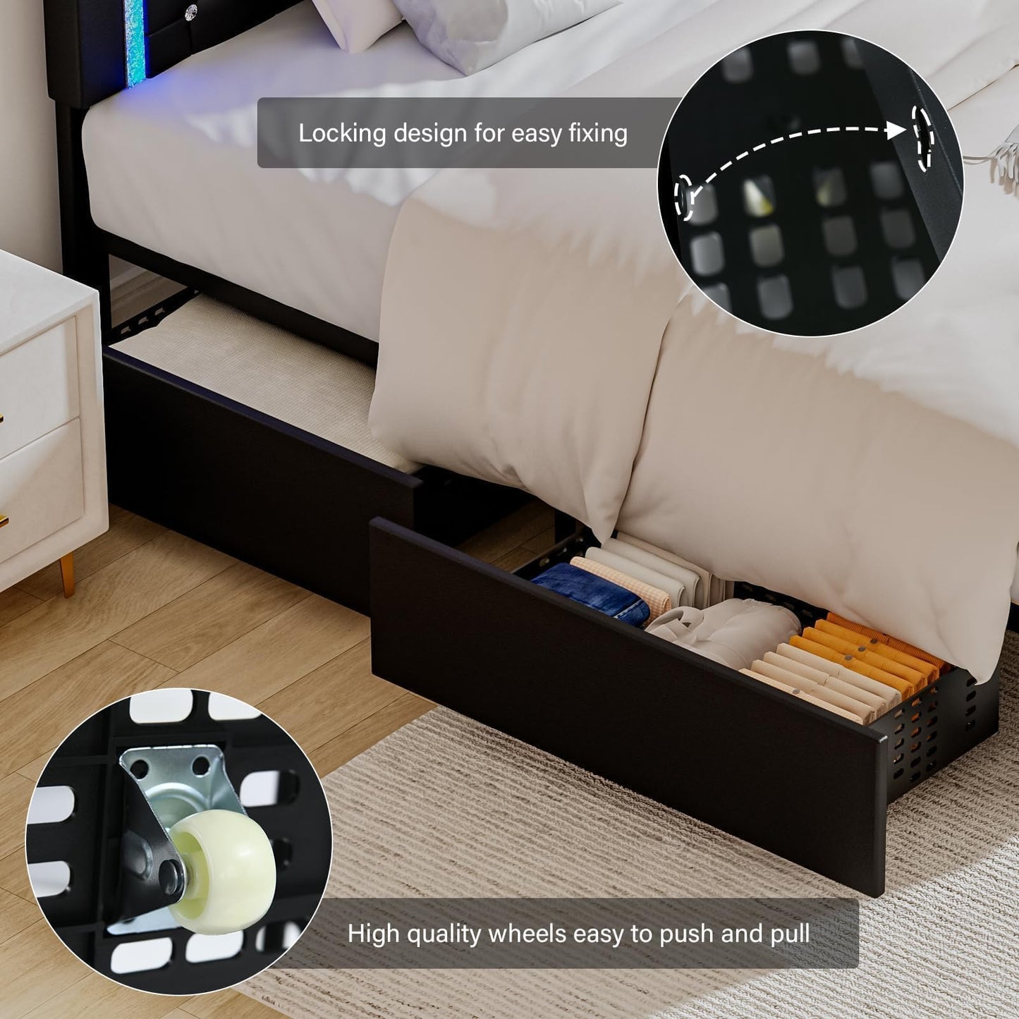 Twin Bed Frames with LED Lights and Storage Drawers, Upholstered Bed Frame with Diamond Headboard, Faux Leather Modern Platform Bed, Wooden Slats Support, No Box Spring Needed, Black