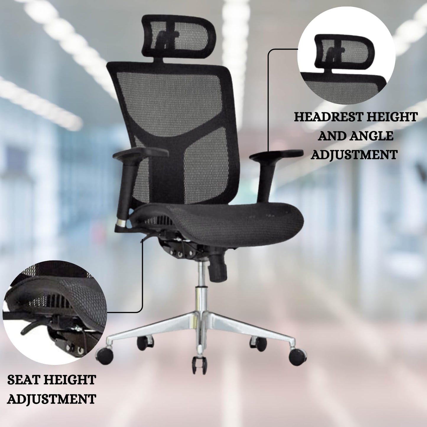 GM Seating Dreem II Ergonomic Office Chair - Mesh Hi Back Executive Desk Chair - Chrome Base with Headrest & Seat Slide - Modern Comfortable Desk Chair for Home & Office - 4D Adjustable Armrest Black