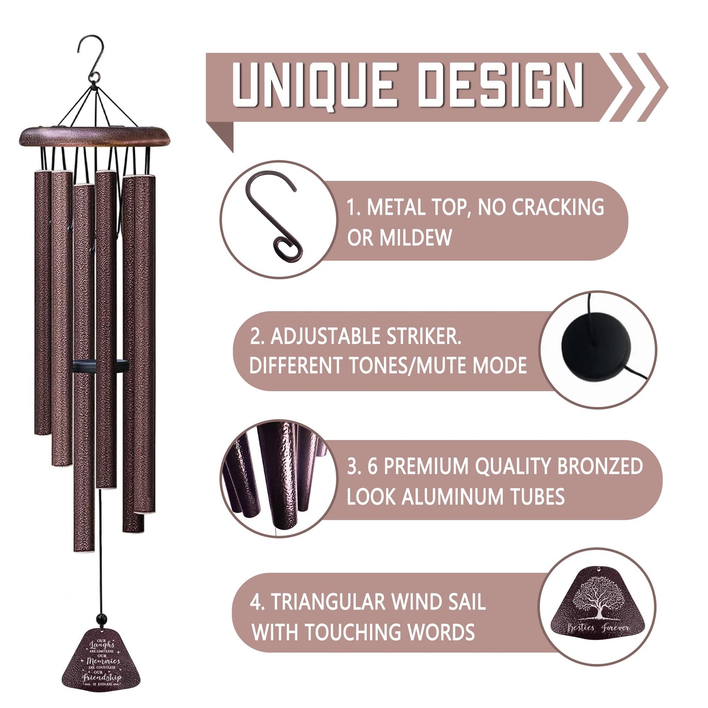 Fusui Best Friend Birthday Gifts for Women Wind Chimes 32", Friendship/Bestie Gifts for Women, Christmas/Mothers/Valentines Day/Graduation Birthday Gift for Best Friend Woman/BFF/Soul Sister/Bestie