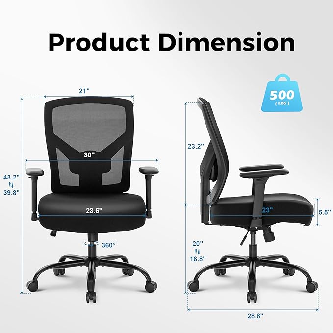 MAISON ARTS Ergonomic Mesh Office Chair, Mid-Back Computer Desk Chairs with Lumbar Support, 500 lbs Capacity Swivel Chair with 3D Adjustable Arms, Wide Comfy Seat and Wheels