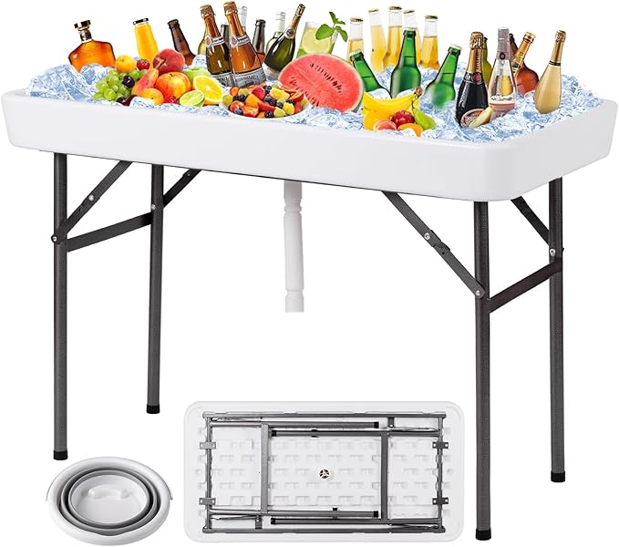 KOTEK Folding Ice Cooler Table with Matching Skirt, Drain Hose & Bucket, Foldable Buffet Beverage Cooler Server, Portable ...