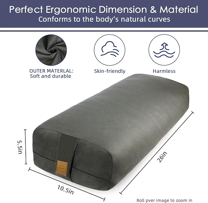 Yoga Bolster Pillow 26x10.5x5.5in Rectangular Meditation Cushion for Massage and Back Support, Breathable Cotton Fill, Zippered Organic Cotton Cover, Easy-Carry Handle, Machine Washable (Dark Grey)