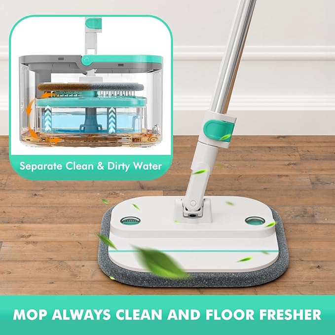 Upgraded Self-Standing Spin Mop and Bucket System, Detachable Inner Mop Bucket Separates Dirty Water & 90° Foldable Head, Triple-Scrub System, 0.9Gal Dual Drainage, for Hardwood Floors (Blue 2 Pads)