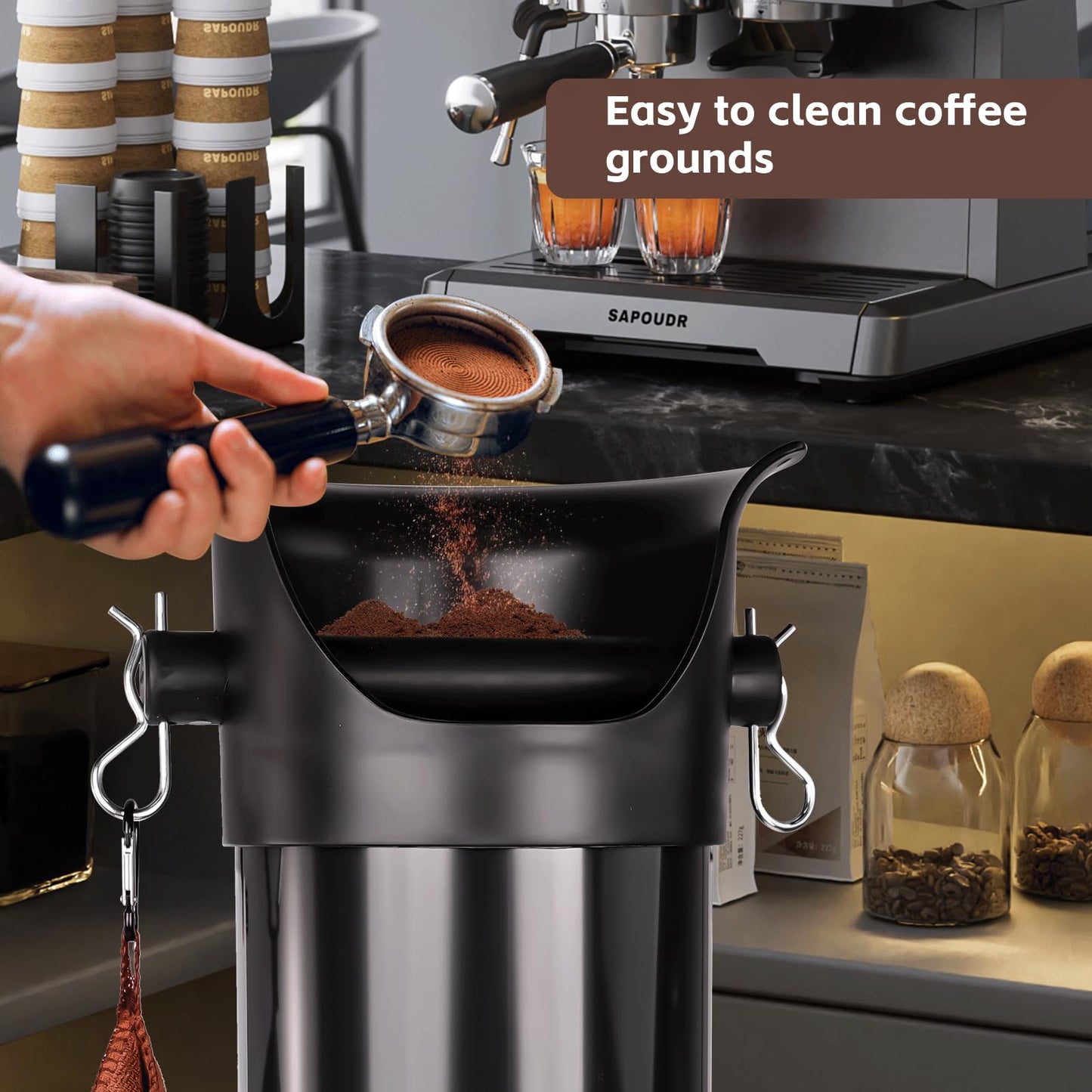 Cymexis Knock Box for Espresso Grounds, 18L Floor Standing Grounds Bucket with Towel and Garbage Bags for Barista Coffee Shop Bar,Coffee Knock Box for Barista Shop Bar (A)