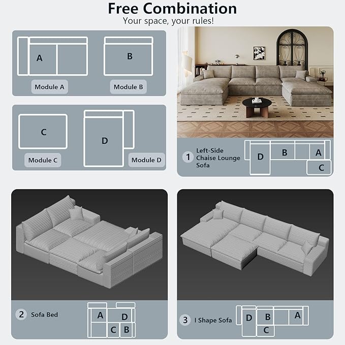 136" Cloud Sectional Couch U-Shaped Chaise with Ottoman, Corduroy Boneless Couch for Living Room Bedroom, Deep-Seat Upholstered Modular Cloud Sofa, No Assembly Required (Camel, Left Facing Chaise)
