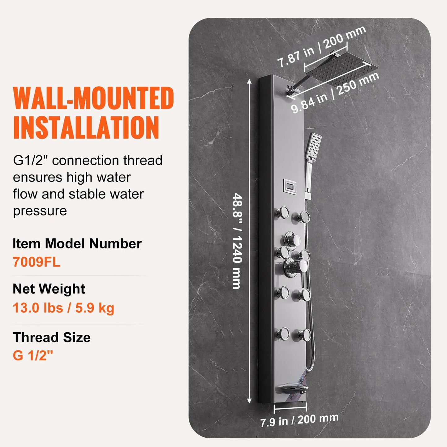 VEVOR Shower Panel Tower System, 5 Shower Modes, Digital Display Shower Panel, Rainfall, 8 Massage Jets, Tub Spout, 3-Setting Handheld Shower Head 59" Hose, Stainless Steel Wall-Mounted Shower Set