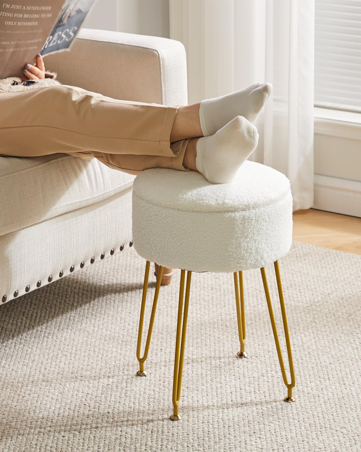 IBUYKE Teddy Velvet Storage Footrest Stool Ottoman, Makeup Vanity Stool Side Table with Removable Cover, Golden Steel Legs, Coffee Table Top Cover, White WBD010W