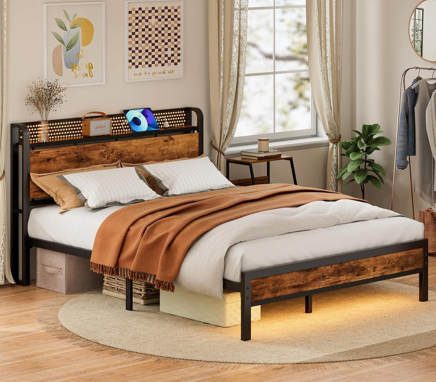Furnulem Queen Bed Frame with Charging Station and LED Lights,Industrial Platform Beds Queen Size with Storage Headboard,USB Port,Rustic Wood and Strong Metal Support,No Box Spring Needed, Noise Free