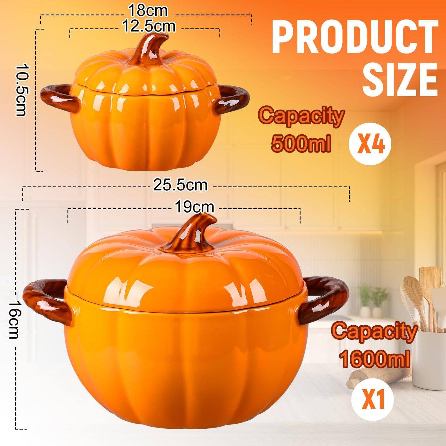 Maxdot Set of 5 Ceramic Pumpkin Bowls with Lid and Handles Pumpkin Shape Soup Serving Pot Storage Jar for Fall Thanksgiving Halloween Party Kitchen Dessert Decoration 17Oz & 54Oz (Orange)