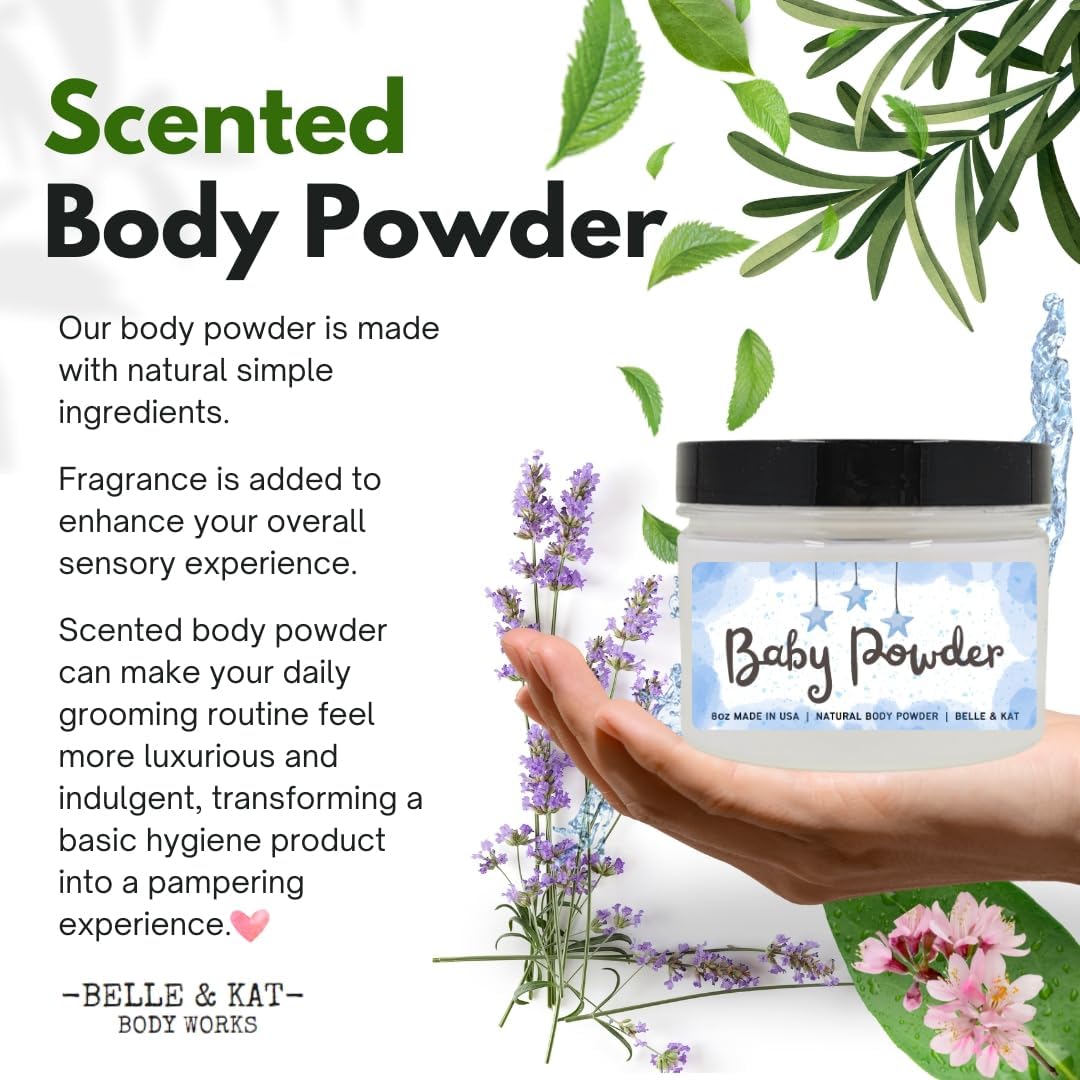 Body Powder for Women & Men Scented Baby Powder (classic powder fresh scent), Bath Perfume Dusting Powder with Fragrance & Essential Oils, Talc Free 8oz Container, Made in USA