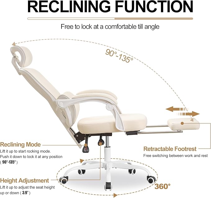 BOWTHY Mesh Ergonomic Office Chair with Footrest,90-135 Comfy Reclining Chairs,Home Office Desk Chair with Adjustable Lumbar Support & Headrest, High Back Computer Chair (Beige)