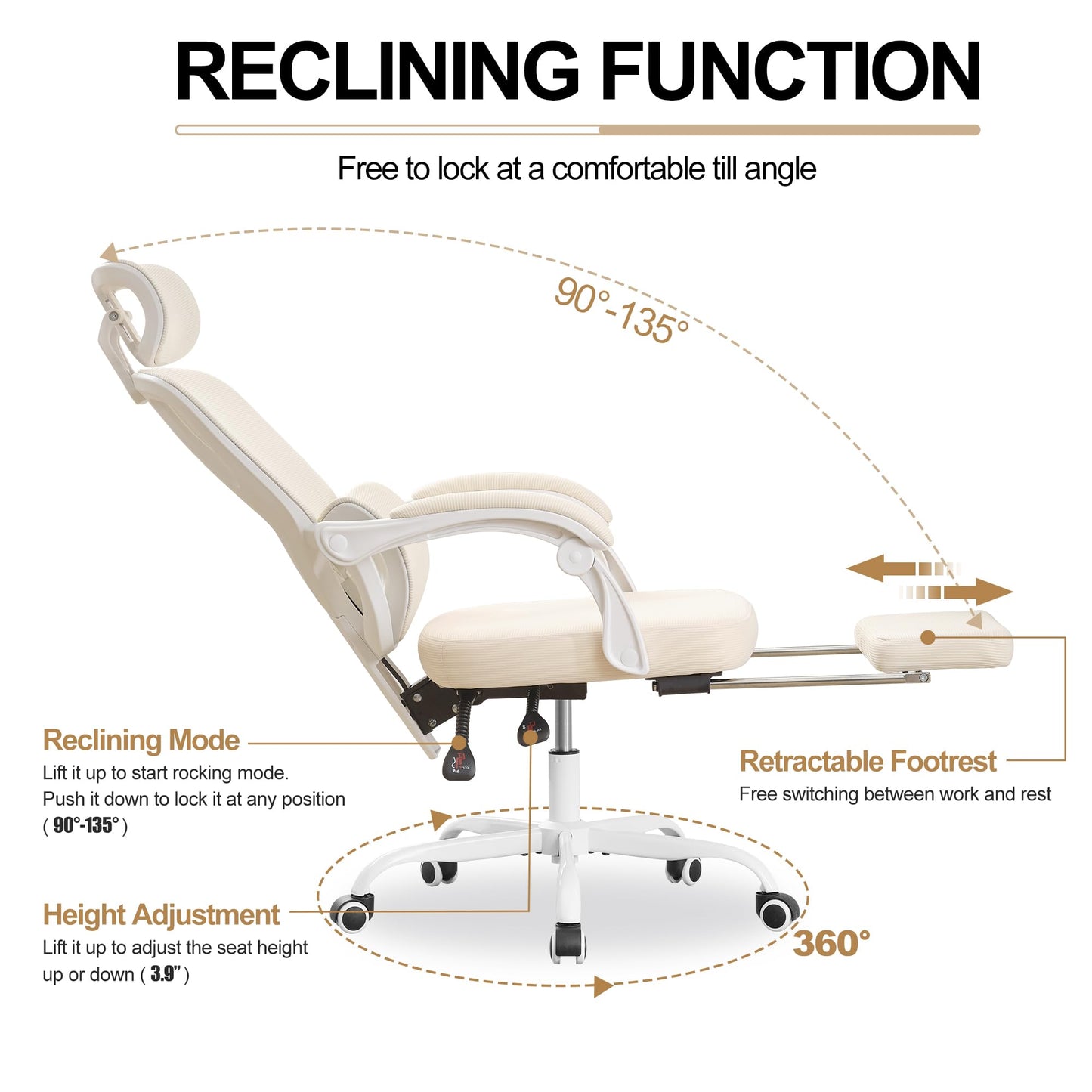 BOWTHY Ergonomic Office Chair with Footrest,90-135 Comfy Reclining Chairs,Home Office Desk Chair with Adjustable Lumbar Support & Headrest,Mesh High Back Computer Executive Chair (Beige)