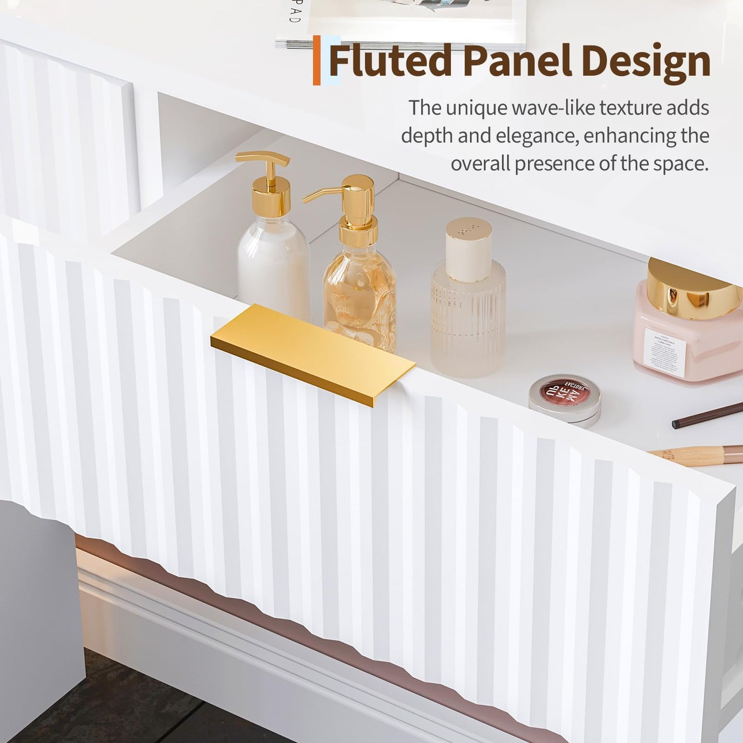 GAOMON Vanity Desk with Mirror and Lights, Fluted Wood Makeup Vanity with 2 Drawers, Modern Dressing Table with 3 Lighting Modes & Charging Station, Hair Dryer Rack for Bedroom, Light Wood/Gold