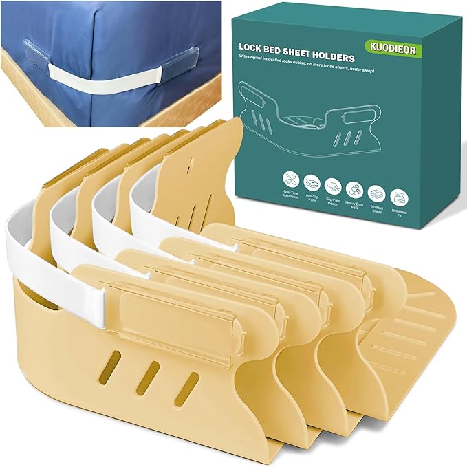 Bed Sheet Holders for Corners, 4Pcs Heavy Duty Fitted Sheet Holder with Lock Fastener Straps &Anti-Slip Pads Keep Sheets Firm&Tight, No More Loose Sheets, Easy Installation for Any Mattress (Beige)