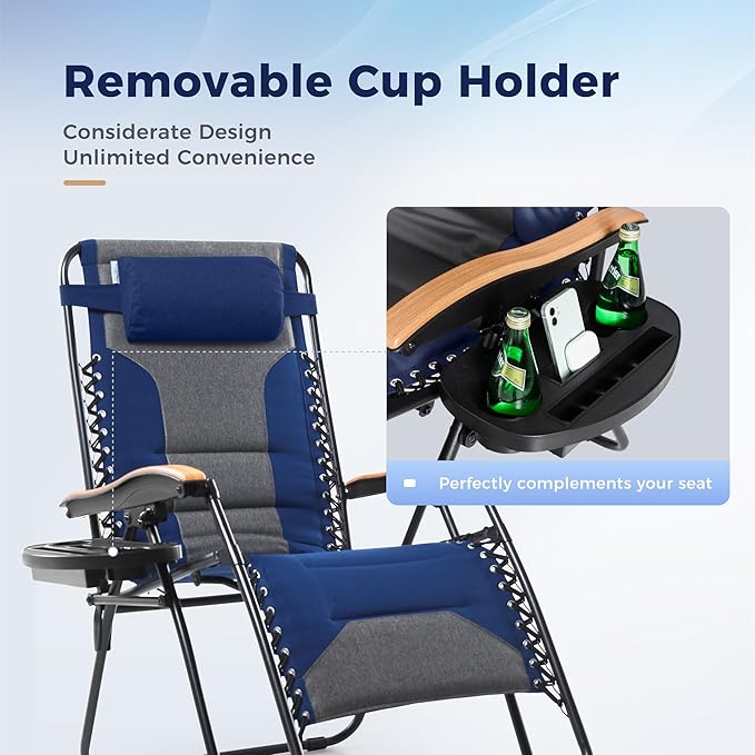 MAISON ARTS Oversized XXL Zero Gravity Chair, 30" Wide Seat Padded Foldable Recliner, Anti Gravity Outdoor Lawn Chair for Poolside/Backyard/Beach, Supports 400lbs, Blue & Grey