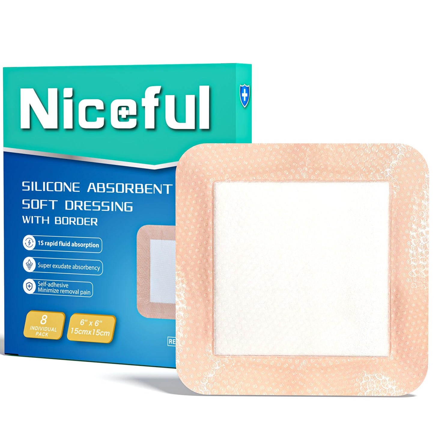 Niceful 6" x 6" Silicone Super Absorbent Wound Dressing - Gentle Border Large Bandages for Pressure Ulcer, Surgical Wounds, Heavy Exudate Wound Care Pads (8 Count)