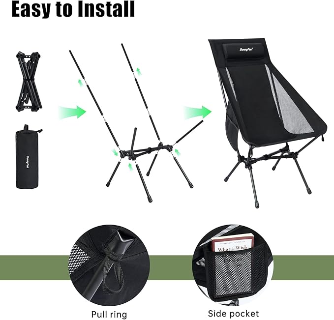 SUNNYFEEL High Back Camping Chair, 15 Second Setup Frame, 330lb Capacity, Portable Backpacking Chair, Lightweight & Compact Folding Camp Chair for Hiking Camping, Black