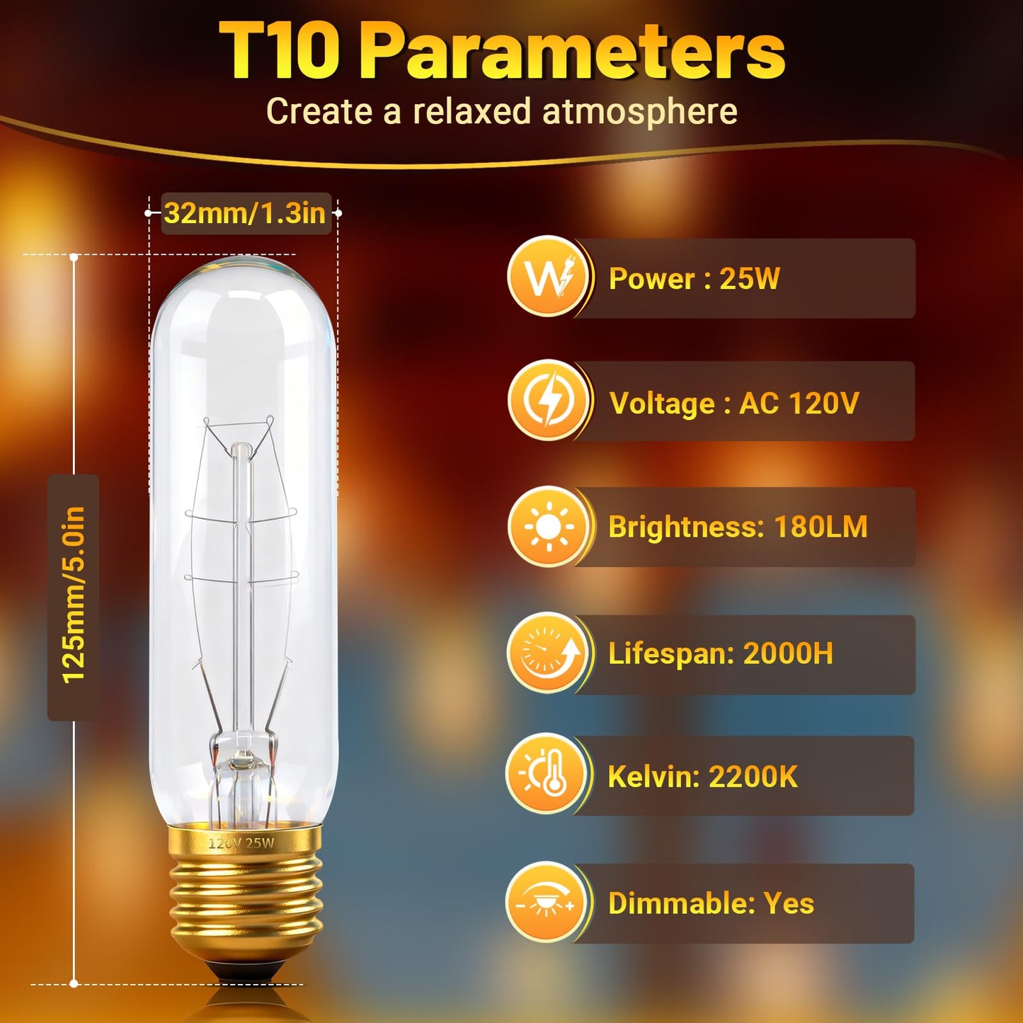 Blakapoo T10 Tubular Light Bulbs 25 Watt Incandescent Light Bulb,T10 Bulb,120V 25W 2200K Tube Light Bulbs E26 Medium Base Dimmable for Vintage Style Showcase,Curio Cabinet,Chandeliers Pack of 2
