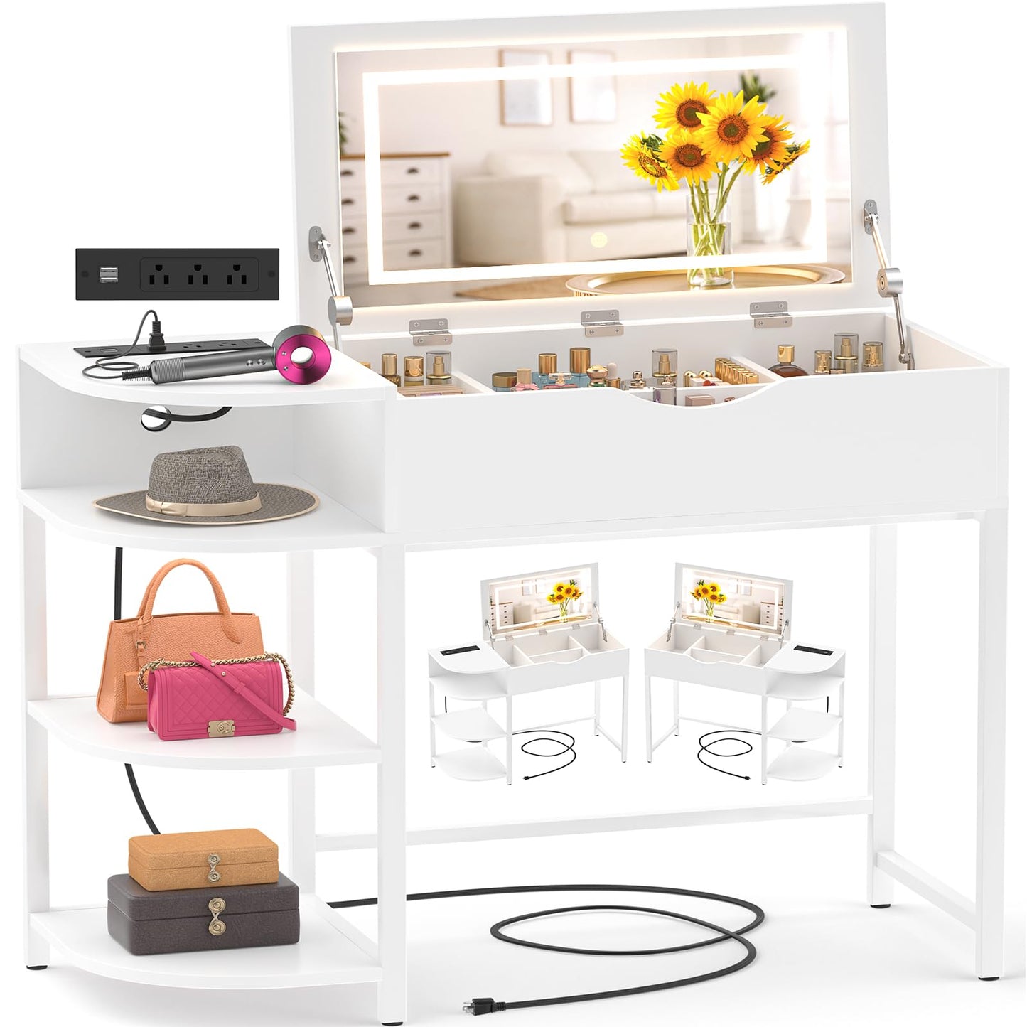 Cyclysio Vanity Desk with Flip Top Mirror and Lights, Makeup Vanity Desk with Drawers, Dressing Table with Storage Shelves & Charging Station, Small Vanity for Small Spaces, White