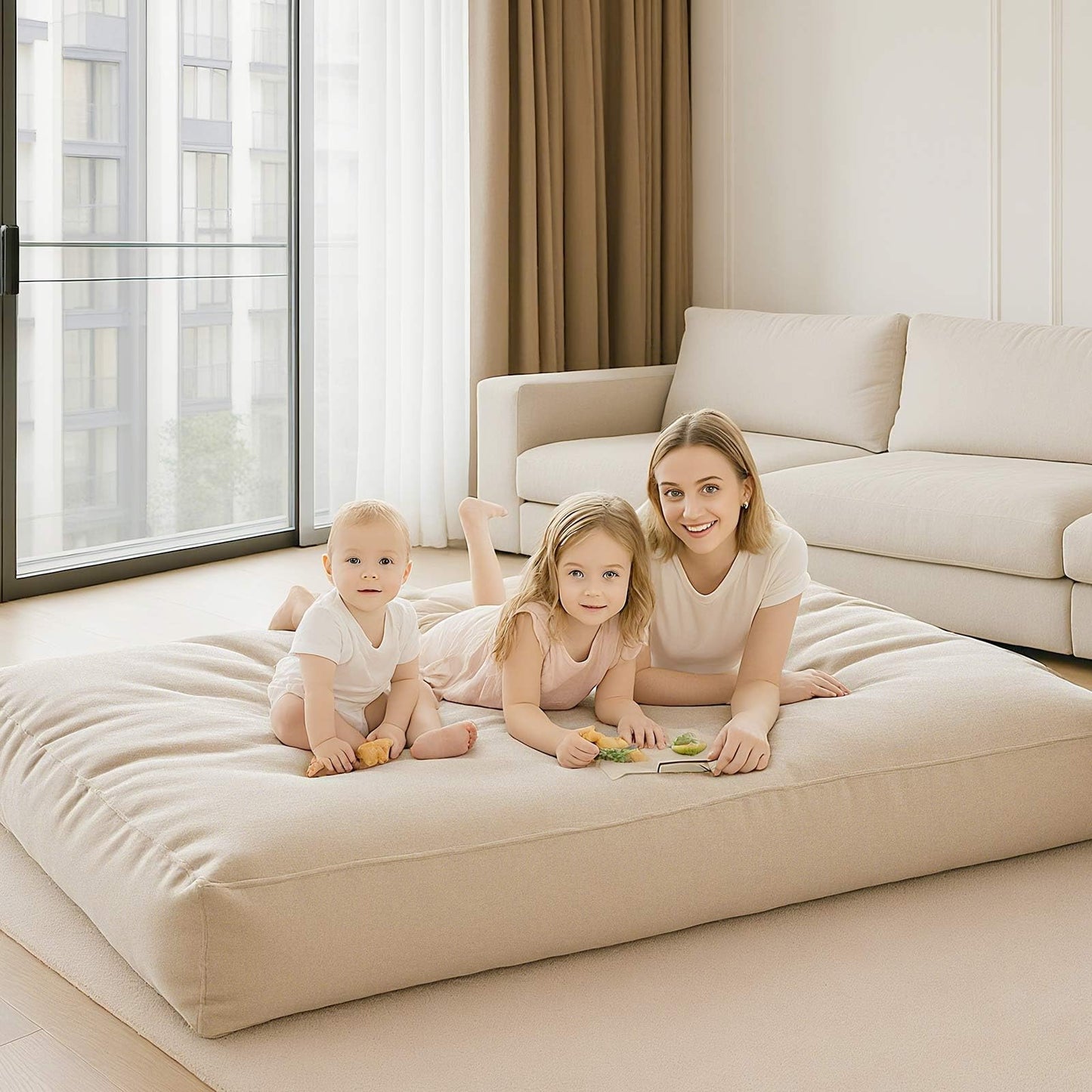 HZYPBS Extra Large Bean Bag Chair，Two in one Bean Bag Bed，It can be Easily Converted from a Chair to a Mattress, Filled with high-Density Foam, Washable Flannel Cover. for Families (Apricot Color)