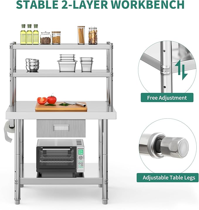 YITAHOME Stainless Steel Adjustable Work Table with 36" 12" Shelf, Overshelves & Drawer - NSF Metal Prep Table for Kitchen, Home, Restaurant & More