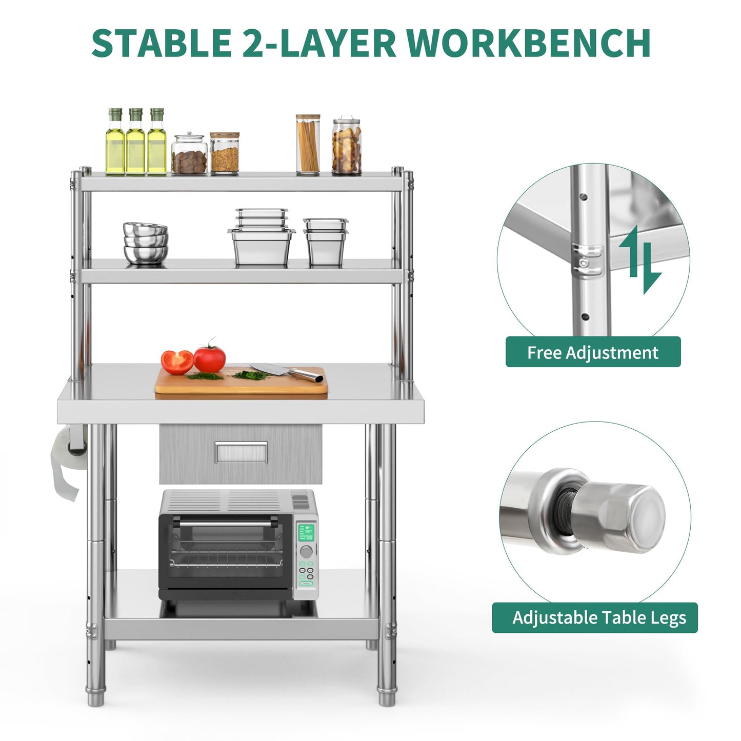 YITAHOME Stainless Steel Adjustable Work Table with 36" 12" Shelf, Overshelves & Drawer - NSF Metal Prep Table for Kitchen, Home, Restaurant & More