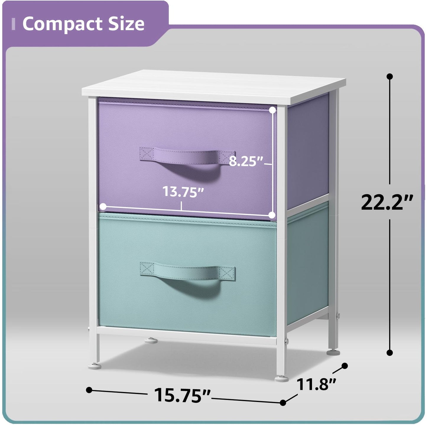 Sorbus Nightstand with 2 Drawers - Kids Bedside Furniture End Table Night Stand - Steel Frame, Wood Top & Easy Pull Fabric Bins - Dresser & Chest for Home, Bedroom Accessories, Office & College Dorm