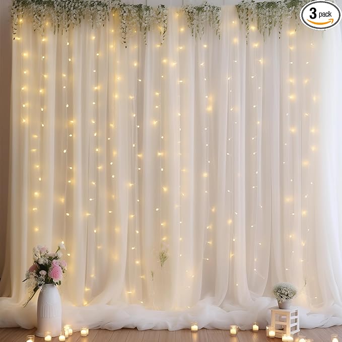 10ft x 10ft Cream White Chiffon Backdrop Curtain with Lights String for Parites Wedding Wrinkle Free Curtain Photo Backdro...