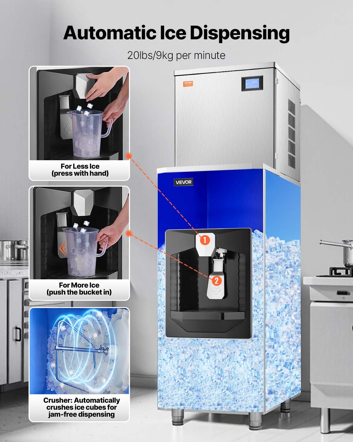 Vevor Commercial Ice Maker, 440 Lbs/Day Ice Maker Machine, 180 Lbs Large Ice Storage Bin With 20 Lbs/Min Automatic Ice Dispensin