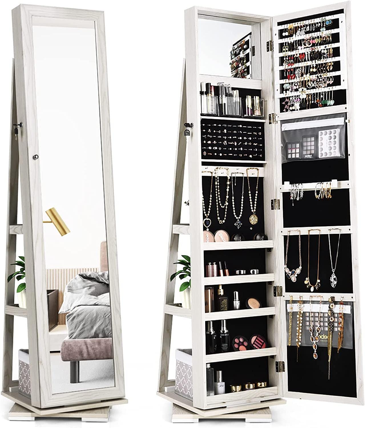 FANTASK 360°Rotating Jewelry Cabinet, Lockable Standing Jewelry Organizer w/Full Length Mirror, Inside Mirror & Rear Storage Shelves, Large Storage Capacity, Jewelry Armoire w/Mirror for Bedroom