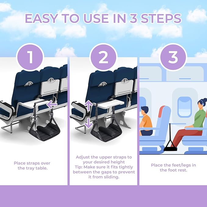 Babenest 2pcs Airplane Foot Hammock, Foldable Leg Rest Support with Adjustable Strap and Thicken Bottom, Portable Under Desk Flight Footrest Holder for Air Travel, Office & Car