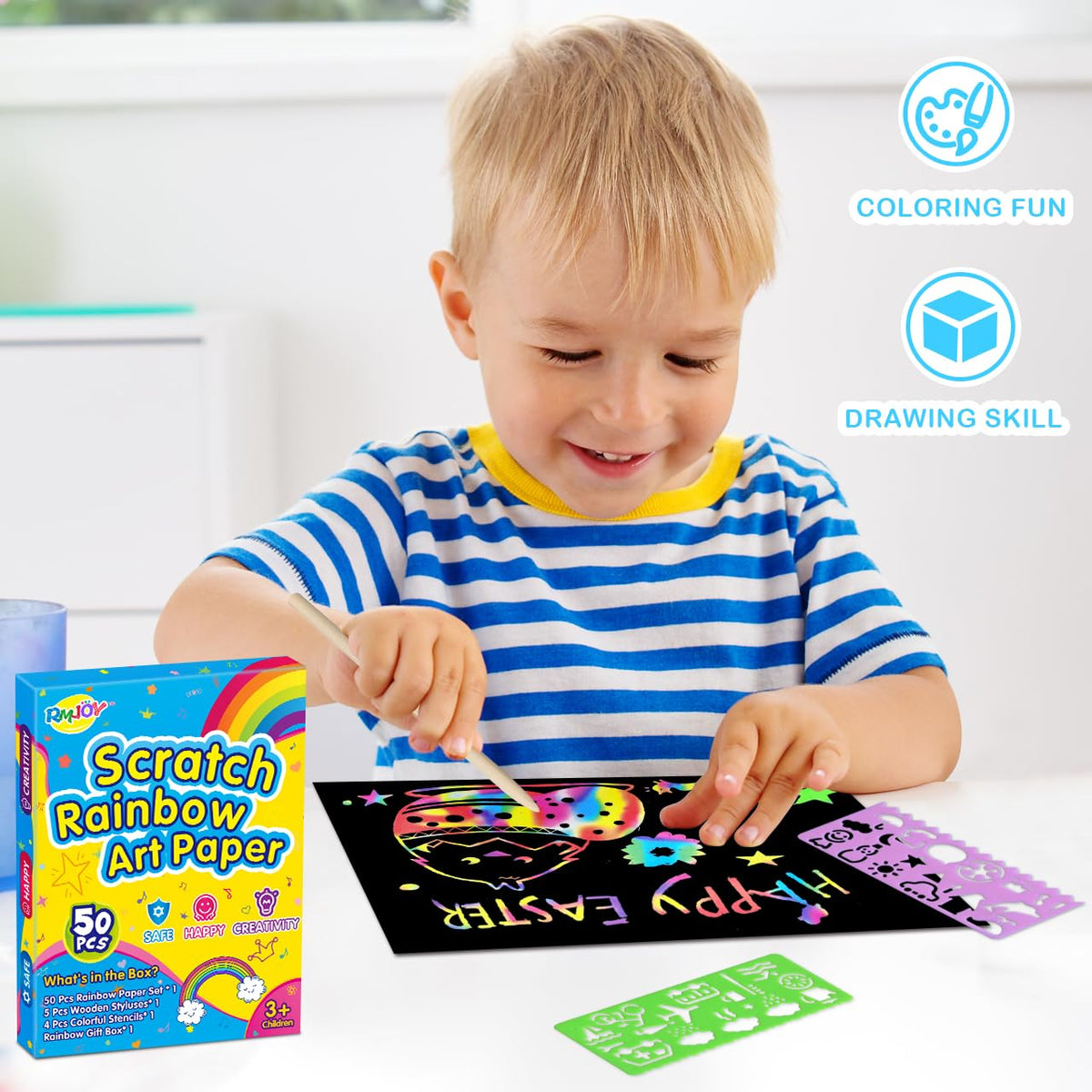 RMJOY Rainbow Scratch Paper Art for Kids: 60PCS Magic Arts Crafts Gifts Toys for Girls Boys Ages 4 5 6 7 8 9 Games Activities for Birthday Family Fathers Day Christmas Stocking Stuffers Easter(Boys)