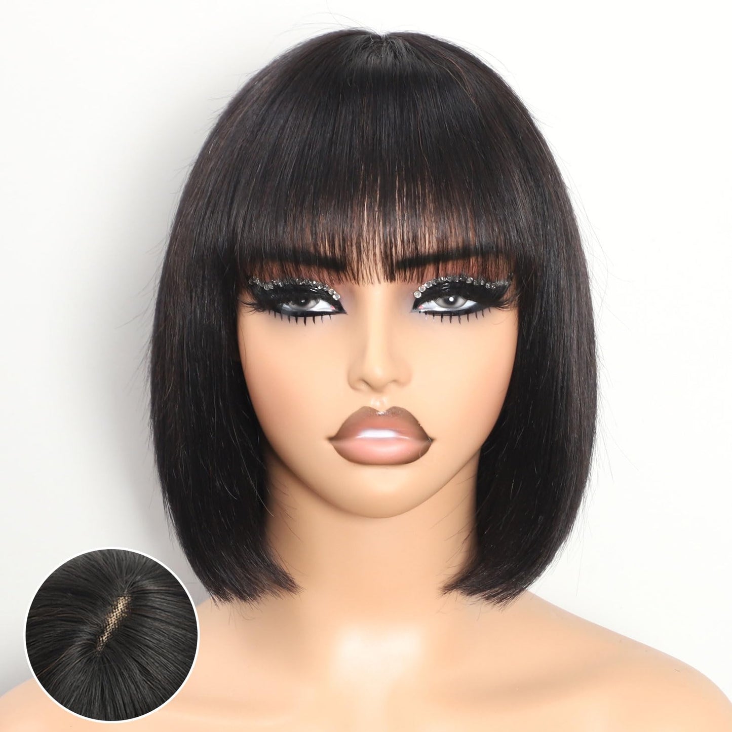 REMESSE Short Bob Wig with Bangs Human Hair Glueless 180% Density Middle Part Upgraded 2x1 Realistic Scalp Lace Wigs Natural Col