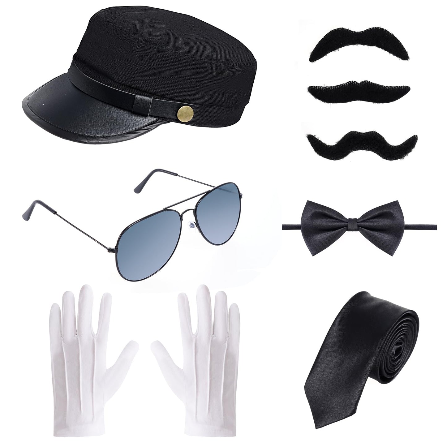 Yookat Chauffeur Costume Chauffeur Hat Gloves Bow Tie Glasses Fake Mustaches Chauffeur Costume Accessories Set (tradition)