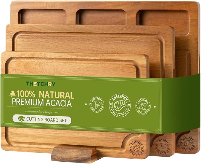 THETCHRY Acacia Wood Cutting Board Set,Thick Wooden Cutting Board for Kitchen with Holder,Chopping Board with Deep Groove...