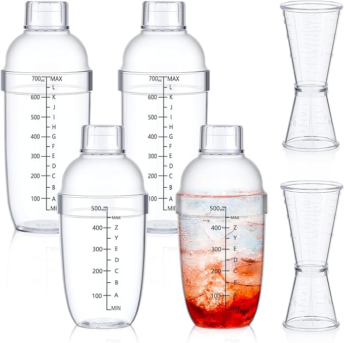 Uiifan 6 Pcs Plastic Cocktail Shaker Set 4 Pcs 17 oz 24 oz Hand Drink Mixer and 2 Ounce Cup with Measurements Mixing Tool ...