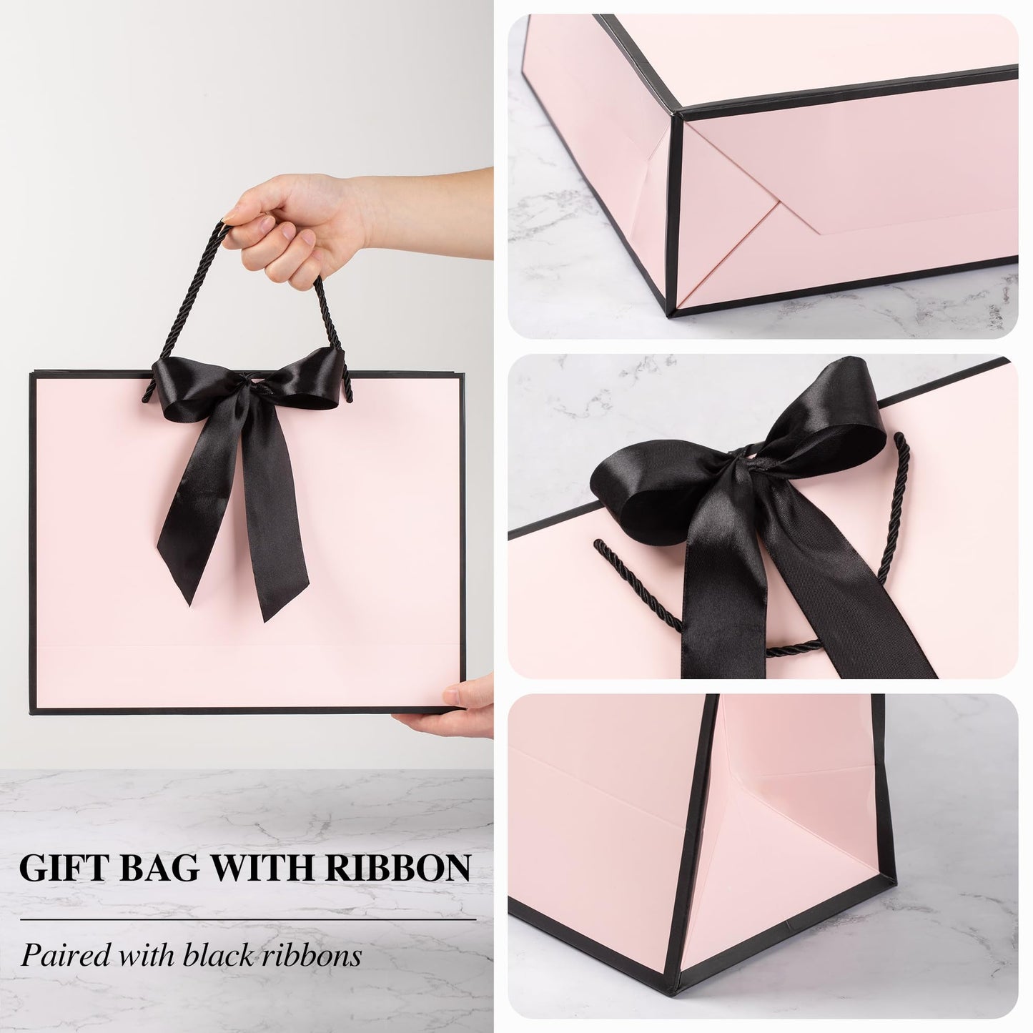 PASEOTA 12.6" Gift Bags Medium Size Set of 10 - Includes Tissue Paper, Cards & Ribbons, Luxury Gift Bags with Handles for Holiday Wedding Birthday (12.6" x 9.8" x 3.9", Pink Black)
